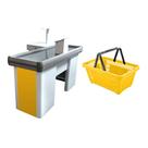 KIT - Caixa Supermercado Empacotador Check-out 1,5m Recorte + 10 Cestos de Compras Amarelo