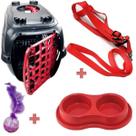 Kit caixa transporte n3 pet + comedor/bebedor + coleira