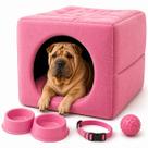 Kit Cama 3em1 Suede Pet Grande com Comedouro Coleira Bolinha Fofos