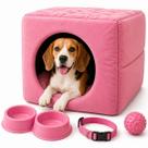 Kit Cama 3em1 Suede Pet Médio com Comedouro Coleira Bolinha Fofos