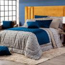 Kit Cama Edredom Cobertor CASAL PADRÃO 03 Peças Estampado Veneza Bege/Azul Dupla Face Percal Algodão 200 Fios
