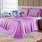 Kit Cama Infantil Colcha Cobre Leito CASAL PADRÃO 07 Peças Donuts Unicórnio Lilás Dupla Face com Almofadas Estampadas