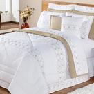 Kit Cama King Damasco Bege 200 Fios 11 Peças