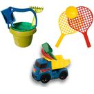 Kit Caminhao Pa Rastelo + Baldinho Castelinho + Par Raquete Brinquedo Infantil