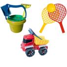 Kit Caminhão Truck Pazinha Rastelo + Baldinho Castelinho + Par Raquete