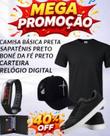 KIT Camisa básica preta+boné da fé preto+relógio digital+carteira