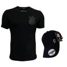 kit camisa corinthians algodão preta licenciada com boné preto escudo bordado - all black Tamanho:GGCor:Preto