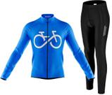 Kit Camisa e Calça Ciclismo Bike Forever Azul Manga Longa Com Forro Alta Densidade