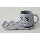 Kit Caneca Café Chá Gato Carinhas Divertidas 500ml Porcelana Fofa Presente Criativo + Prato Cores Cor:Cinza
