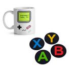 Kit Caneca Xícara Porcelana Gamer + Porta Copos Botão XBOX