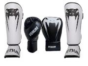 Kit Caneleira Giant Branco e Luvas Boxe Muay Thai Logo Pro Preto Venum