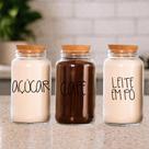 Kit Cantinho do Café Açúcar Leite em pó 3 potes de 810 ml tampa rolha cortiça Pote Mantimento