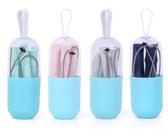 Kit Canudo de Silicone com Escova de Limpeza, acompanha Estojo de Plástico com Alça KC47405 - Cores Sortidas