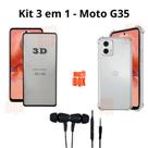 Kit Capa Anti Choque Transparente + Película 3D de Vidro + Fone com Fio para Moto G35