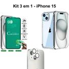 Kit Capa Anti Choque Transparente + Película de Cerâmica + Película Câmera Traseira para Iphone 15 Kit Capa Anti Choque Transparente + Película de Cerâmica + Película Câmera Traseira para Iphone 15