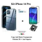 Kit Capa Capinha Transparente + Película 3D Vidro + Anel Suporte para Iphone 14 Pro