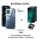 Kit Capa Capinha Transparente + Película 3D Vidro Privacidade + Anel Suporte para Iphone 14 Pro