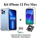 Kit Capa Capinha Transparente + Película 3D Vidro + Suporte de Anel para Iphone 12 Pro Max