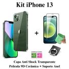 Kit Capa Capinha Transparente + Película de Cerâmica + Suporte de Anel para Iphone 13