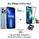 Kit Capa Capinha Transparente + Película de Cerâmica + Suporte de Anel para Iphone 14 Pro Max