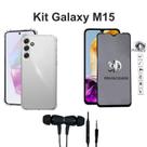 Kit Capa Case Transparente + Película 3D de Vidro Privativa + Fone de Ouvido para Samsung Galaxy M15