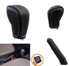 Kit Capa Couro Manopla Câmbio Manual e Alavanca Freio de Mão Renault Sandero 15 a 19 Logan 14 a 19