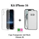 Kit Capa Transparente Anti Impacto + Película De Vidro 3D Iphone 16 / Plus / Pro / Max Kit Capa Transparente Anti Impacto + Película De Vidro 3D Iphone 16 / Plus / Pro / Max