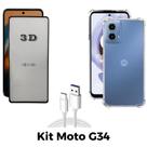 Kit Capa Transparente + Película 3D + Cabo USB Tipo C para Motorola Moto G34 Kit Capa Transparente + Película 3D + Cabo USB Tipo C para Motorola Moto G34