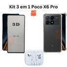 Kit Capa Transparente + Película 3D de Vidro + Fone de Ouvido para Xiaomi Poco X6 Pro