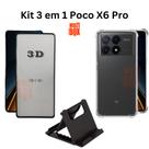 Kit Capa Transparente + Película de Vidro 3D + Suporte de Mesa para Xiaomi Poco X6 Pro