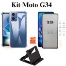 Kit Capinha Anti Impacto Transparente + Película 3D de Vidro + Suporte de Mesa para Motorola Moto G34 5G
