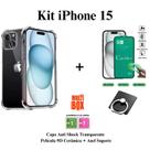 Kit Capinha Anti Impactos + Película Frontal de Cerâmica 9D + Suporte de Anel para Iphone 15 15 Pro 15 Pro Max 15 Plus