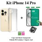 Kit Capinha Anti Shock Transparente + Película de Cerâmica + Suporte de Anel para Iphone 14 Pro