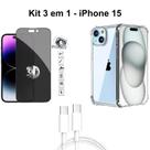 Kit Capinha Transparente + Película 3D de Vidro Privacidade + Cabo Tipo C para Iphone 15