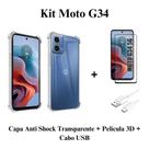 Kit Capinha Transparente + Película 3D Vidro + Cabo Carregador USB Tipo C para Moto G34