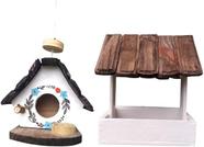 Kit Casinha e Comedouro de Passarinho em Madeira, Decoração para Casa e Jardim Casinha e Comedouro