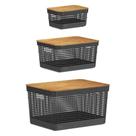 Kit Cesto Organizador Grid Preto Tampa Bambu 03 Peças