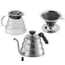 Kit Chaleira bico fino, Jarra vidro e filtro para café inox