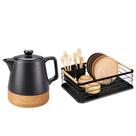Kit Chaleira Elétrica Porcelana 1L Tuut Com Escorredor de Louças, Metal e Madeira, Design Premium