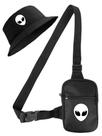 Kit Chapeu Bucket Preto + Shoulder Bag Mini Bolsa Lateral Masculina Estampa ET Branco