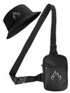 Kit Chapeu Bucket Preto + Shoulder Bag Mini Bolsa Lateral Masculina Estampa Fogo Kit Chapeu Bucket Preto + Shoulder Bag Mini Bolsa Lateral Masculina Estampa Fogo
