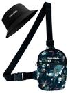 Kit Chapeu Bucket Preto + Shoulder Bag Mini Bolsa Lateral Masculina Pega a Visão Floral Lisa