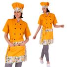 Kit Chef De Cozinha Feminino 3 Peças Dólmã Avental E Chapéu Cozinheira Amarelo Mostarda Estampa Massas Italianas Conjunto Uniforme Restaurante Padaria