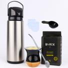 Kit Chimarrão com Erva 1Kg Garrafa Térmica 1,8L Inox Cuia Preta Imitação madeira Bomba Inox 23 CM