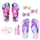 kit Chinelo Feminino Infantil Meninas Minnie Sereia Casual +Laço +Pulseira+Batom