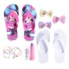 kit Chinelos Meninas Feminino Infantil Personagen Minnie Rosa +Batom + Pulseira + Laço