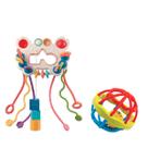 Kit Chocalho Multissensorial 5 Em 1 Com Bola Mordedor Silicone Macia Segura Estimula Desenvolvimento Sensorial Do Bebê