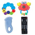 Kit Chocalho Siri Com Som E Luz E Três Mordedores Lagartinha,Pé ou Mão E Controle Remoto Para Bebê Brinquedo Interativo