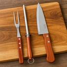 Kit Churrasco 3 Peças Faca Garfo Chaira Aço Inox Cabo Madeira Assados Grelha Churrasqueiro Amolador