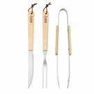 Kit Churrasco 3 Peças Faca Garfo Pegador Inox Madeira